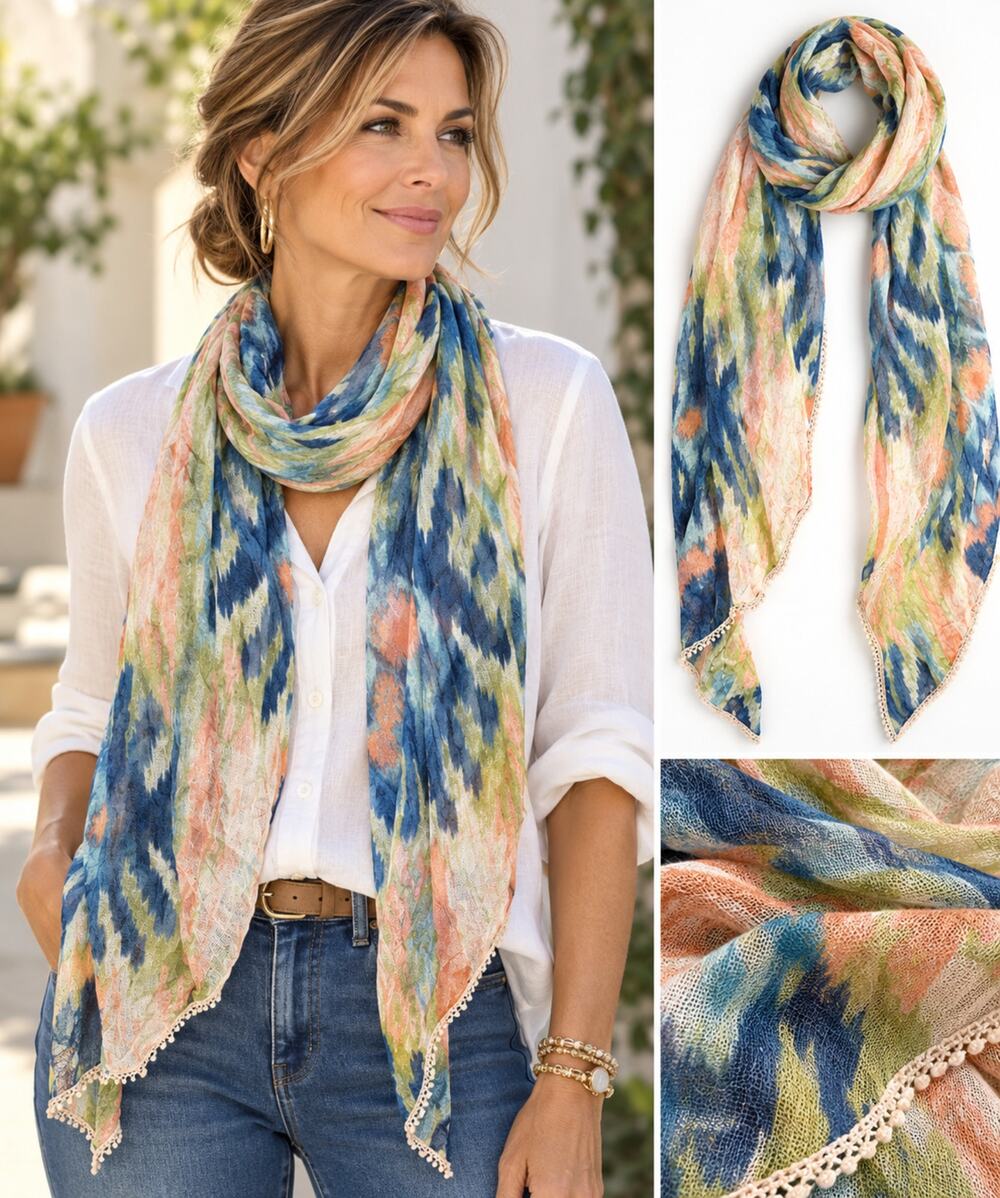 Chico’s Ikat Multi Scarf NWT Rayon Cotton Oblong Boho Coastal Lightweight 70x26